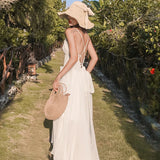 Fairycore White Dress Women Sexy Spaghetti Strap Sweet Asymmetrical Empire Fashion Lace-up Backless Wedding Dress Skirt
