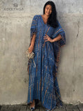 Printed V-Neck Batwing Sleeve Side Split Loose Dress For Women Clothes Plus Size Beachwear Maxi Dress Q1218