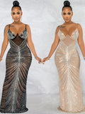 Sparkly Diamond Long Dress  Summer Women Sleeveless Spaghetti Strap Party Dresses Sexy Backless See Through Mesh Maxi Dress