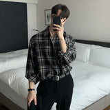 Momentlover  -  Men Casual Plaid Shirts Single Breasted Long Sleeve Loose Blouse Male Korean Chic Streetwear Fashion All-match Outwear BF