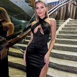 Solid Halter Bandage Dresses Backless Hollow Out Slit Maxi Prom Dress Streetwear Party  Summer Beach Cute Clothes Y2K