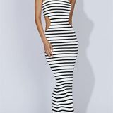 Women Tube Dress Strapless Off Shoulder Cutout Solid Color/Striped Print Knitted Long Dress Summer Beach Vestido