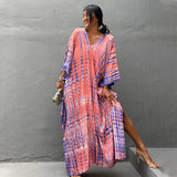 Printed V-Neck Batwing Sleeve Side Split Loose Dress For Women Clothes Plus Size Beachwear Maxi Dress Q1218