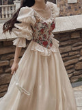 Vintage Elegant Print Floral Dress Women  Autumn O-neck Casual Evening Party Midi Dress Female Puff Sleeve Korea Fairy Dress