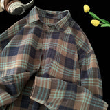 Momentlover  -  Korean Street Plaid Shirt Coat Men's Long Sleeve Turn Down Collar Casual Shirts Vintage College Style Unisex Fashion Clothing