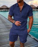 Momentlover Men's Polo Suit Fashion Men Sets Mens Solid Color Summer V-neck Zipper Short Sleeve POLO Shirt+Shorts Two Pieces Men Casual Suit