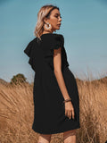 V-Neck Button A-Line Dress Solid High Street Ruffled Sleeveless Mini Dresses Casual High Waist Holiday Beach Dresses A1173