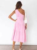 Red Boho Asymmetrical Solid Color Sexy One Shoulder Straped Bodycon Midi Dress Women Casual Summer Party Slip Dresses A1233