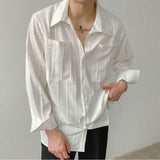 Momentlover Fashion Lapel Button Spliced Pockets All-match Shirts Men's Clothing Spring New Loose Casual Tops Solid Color Korean Shirt