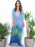Solid Plus Size Long Kaftan Casual V-Neck Robe Summer Batwing Sleeve Woman Clothing Side Split Beachwear Maxi Dress Q1383