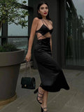 Women Satin Dress  Summer Sleeveless Backless Cutout Chic Side Slit Skinny Long Dress Sexy Nightclub Club Clothing