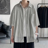 Momentlover  -  Told Tale Men's Wavy Grain Pleated Blouse Lapel Short Sleeve Streetwear Casual Male Loose Leisure Solid Shirts Men Clothing