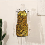 Back to School Sparkly Metallic Mini Dress Summer Women Sexy Embellished Sequins Bodycon Dresses Mirror Glitter Party Evening Halter Dress