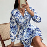 Back to School Women's Sexy V Neck Long Sleeve Mini Dress Boho Floral Print High Waist Elegant Women Clothing Ruffle Office Party Dresses Robe