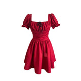 Red Even Party Dress Women Casual Short Sleeve Kawaii Lolita Mini Dress Female Autumn Elegant Vintage Dress Korean Fashion