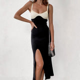 HOT Summer For  Fashion Women's Clothes Spliced Backless Casual Evening Party V-Neck Prom Basic Corset Slit Midi Dress