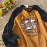 Momentlover Vintage Oversized T-shirt for Men Contrast Color Raglan Long Sleeve Letter Print T Shirt Hip-hop American Retro Unisex Tops Tees