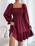Back to School Women Elasticity Dress Ruffle High Waist Tight A-line Dress  Pullover Square Collar Long Sleeve Ruffled Dresses