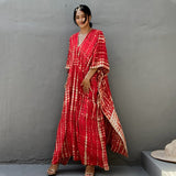 Printed V-Neck Batwing Sleeve Side Split Loose Dress For Women Clothes Plus Size Beachwear Maxi Dress Q1218