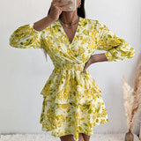 Back to School Women's Sexy V Neck Long Sleeve Mini Dress Boho Floral Print High Waist Elegant Women Clothing Ruffle Office Party Dresses Robe
