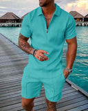 Momentlover Men's Polo Suit Fashion Men Sets Mens Solid Color Summer V-neck Zipper Short Sleeve POLO Shirt+Shorts Two Pieces Men Casual Suit