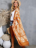 Printed Fringed Long Kimono Dress Bikini Wrap Cover-Ups Plus Size Women Summer Clothes Beach Wear Swim Suit Cover Up A1098