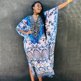 Solid Plus Size Long Kaftan Casual V-Neck Robe Summer Batwing Sleeve Woman Clothing Side Split Beachwear Maxi Dress Q1383
