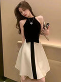 Geuxml  Women Fashion Office Elegant Dress Sleeveless Beach Slim Party Prom French Lady Black White Mini Dresses Bow Clothes Temperament