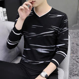 Momentlover  -  Fashion V-Neck Loose Korean Printed T-Shirt Men's Clothing Spring New Casual Pullovers Long Sleeve All-match Tee Shirt