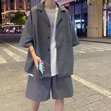 Momentlover  -  Summer Men's Sets Half Sleeve Blazer Suits Solid Short Sleeve Button Shirt + Shorts Korean Handsome Loose  2 Piece Set Outfits