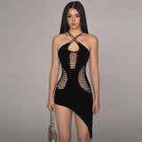 Women's  New Summer Fashion Halter Neck Backless Slim Openwork Solid Color Slip Mini Dress Evening Dresses