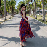 Designer Floral Print Maxi Dresses For Women Beach Style Neck-Mounted Summer Robe Dress Female Floor-Length Strapless