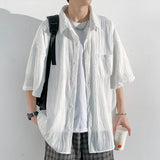 Momentlover  -  Told Tale Men's Wavy Grain Pleated Blouse Lapel Short Sleeve Streetwear Casual Male Loose Leisure Solid Shirts Men Clothing