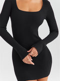 Women Knitted Ribbed Party Mini Dress Solid Long Sleeve Square Neck Dress Short Party Female Vestidos Streetwear