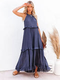 Sexy Blue Ruffled Halter Neck Sleeveless Maxi Dress Casual Women Summer Clothes Streetwear Sundress Vestido De Mujer A1228