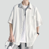 Momentlover  -  New Ice Silk Vertical Stripe Shirt Men's Summer Short Sleeve Lapel Male Shirts Blouse Top Loose Casual Men Clothing Camisas