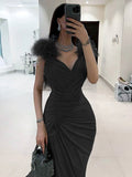 elegant Feather Y2K Clothes Sleeveless Backless Side Slit Bodycon Maxi Dresses For Women  Club Party Evening