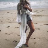 Sexy Hollow Out White  Summer Dress Beach Tunic Women Beachwear Long Sleeve Front Open Self Belted Maxi Dresses Q964