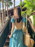 Bohemian Printed Blue Backless Sexy Summer Floral Beach Vacation Dress Female V-Neck Irregular Vestidos