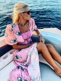 Wrinkle-Free Pink Eyes Chiffon Dresses Sexy Short Sleeve  Summer Beach Dress Women Beach Wear Swim Suit Cover Up D1