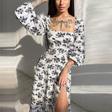 Women Spring Summer Style Dress Lady Casual Square Collar Backless Bandage Flower Printed Split A-Line Dress Vestidos SS314