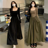 themeisles Spring  New Hepburn Style Gentle Temperament Pocket Waist Slim Panel Large Hemline Long Sleeve Dress