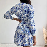 Back to School Women's Sexy V Neck Long Sleeve Mini Dress Boho Floral Print High Waist Elegant Women Clothing Ruffle Office Party Dresses Robe