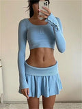 Knit Two Piece Sets Dress Outfits Summer Knitted Pullover Crop Top And Low Waist Mini Pleated Skirt Set New Dress Sets