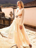 Sexy Deep V-neck Cut Out Long Sleeve Maxi Dress Long White Lace Tunic Party Women Clothes  Summer Beach Dress