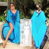 Blue Bohemian Embroidered Batwing Sleeve Side Split Summer Beach Dress Chiffon Tunic Women Plus Size Beachwear Kaftan Q746