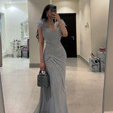 elegant Feather Y2K Clothes Sleeveless Backless Side Slit Bodycon Maxi Dresses For Women  Club Party Evening