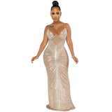 Sparkly Diamond Long Dress  Summer Women Sleeveless Spaghetti Strap Party Dresses Sexy Backless See Through Mesh Maxi Dress