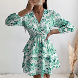 Back to School Women's Sexy V Neck Long Sleeve Mini Dress Boho Floral Print High Waist Elegant Women Clothing Ruffle Office Party Dresses Robe