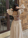 Vintage Elegant Print Floral Dress Women  Autumn O-neck Casual Evening Party Midi Dress Female Puff Sleeve Korea Fairy Dress